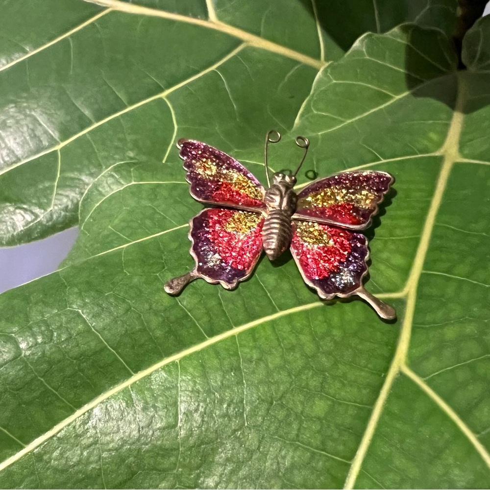 Vintage Butterfly Insect Brooch Multi-Color Sparkle Enamel & Gold Tone 1.75"